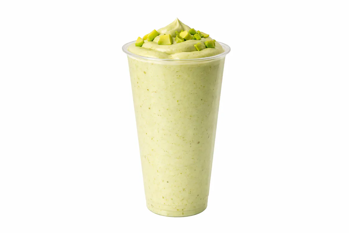 Creamy avocado smoothie with avocado garnish at Poke Tea, a Poke Bowl & Bubble Tea Shop in Hayward