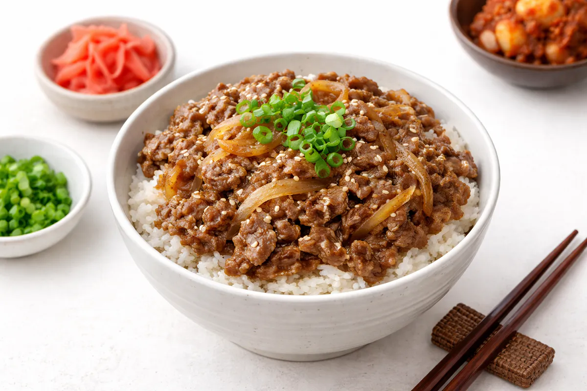 Japanese minced beef rice bowl (gyudon) with green onion garnish at Poke Tea, a Poke Bowl & Bubble Tea Shop in Hayward