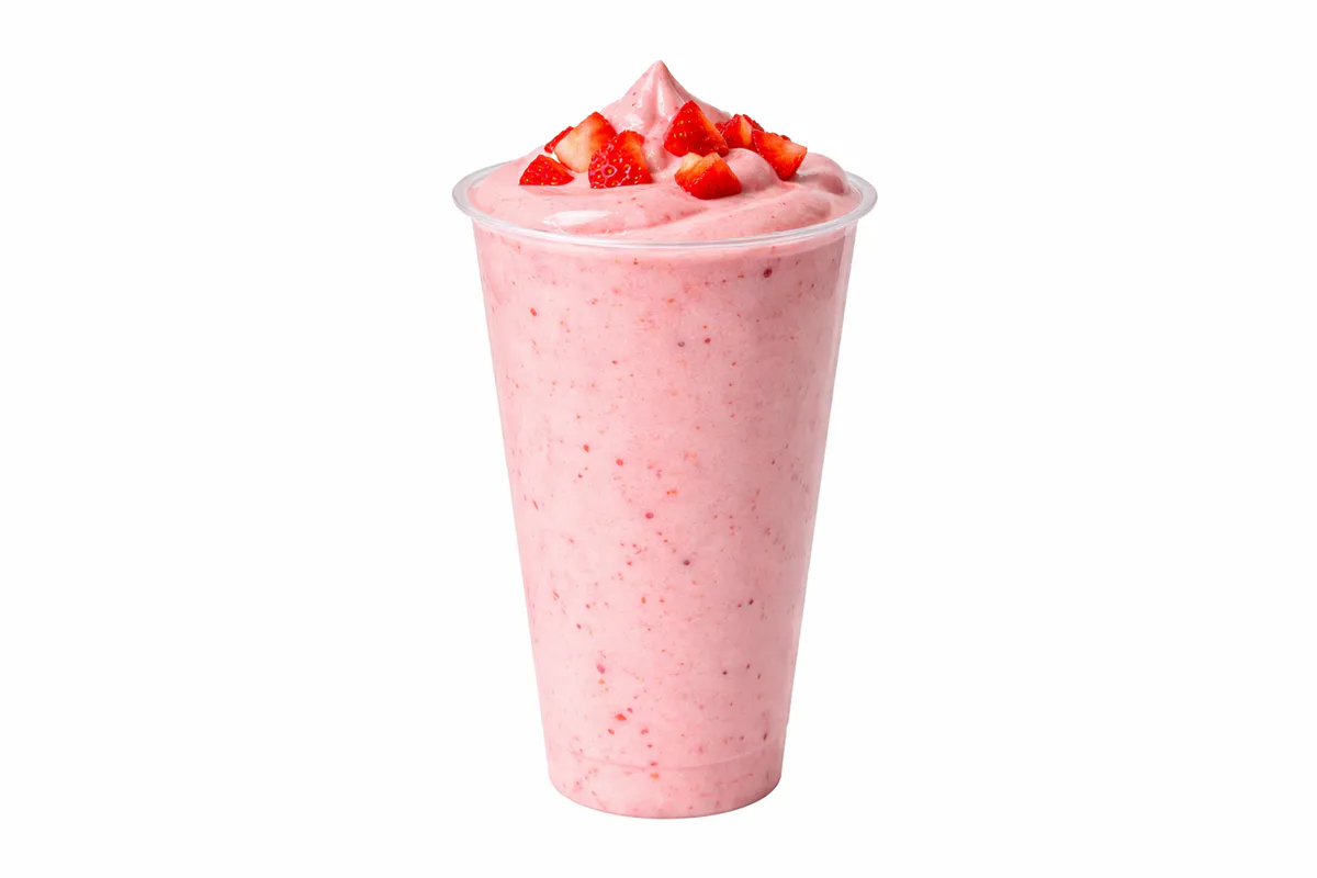 Strawberry smoothie with fresh strawberry toppings at Poke Tea, a Poke Bowl & Bubble Tea Shop in Hayward