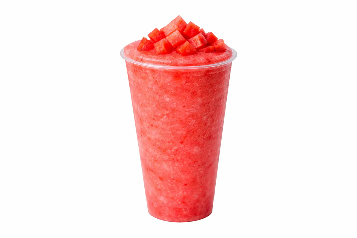 Iced watermelon slush topped with fresh watermelon cubes at Poke Tea, a Poke Bowl & Bubble Tea Shop in Hayward